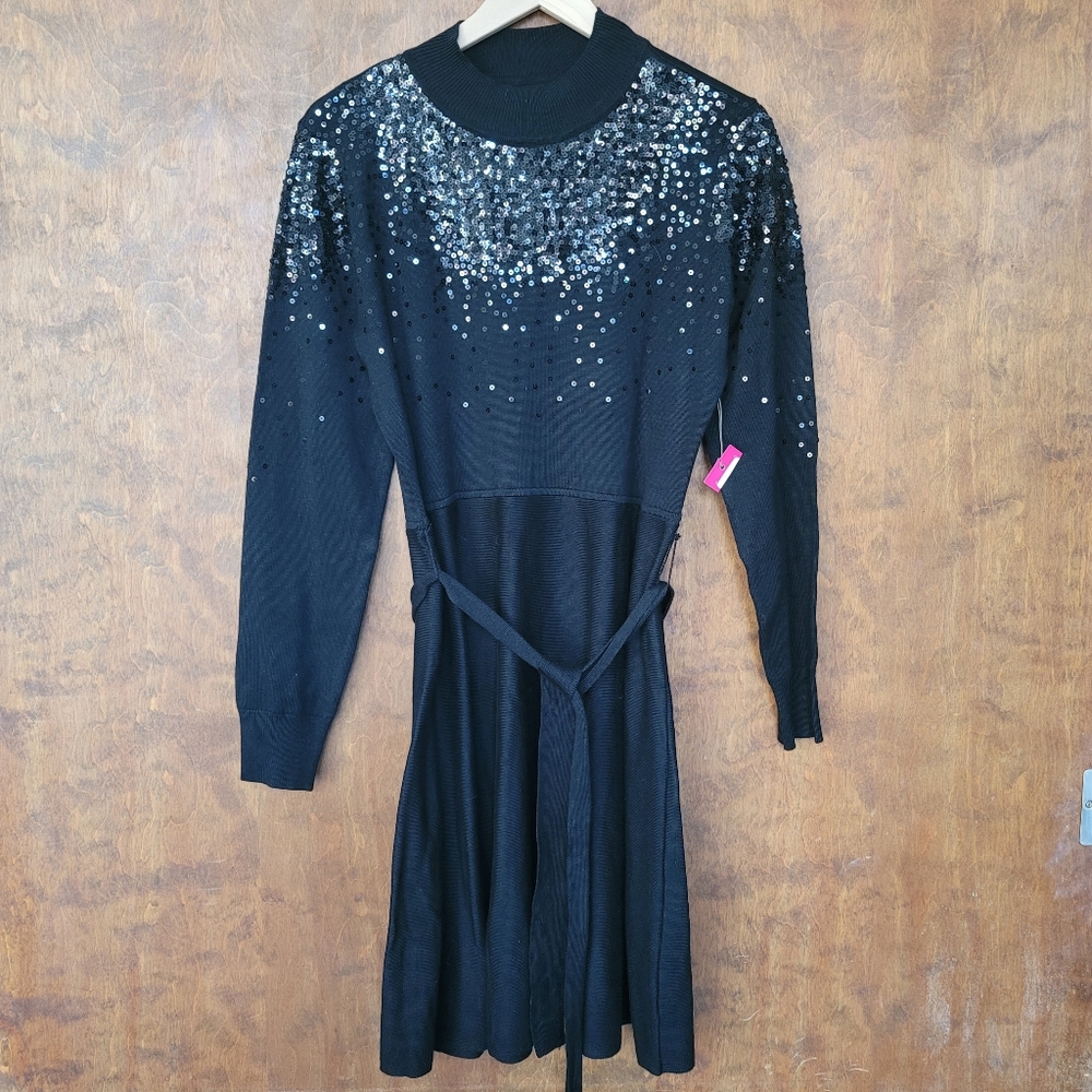 Vince Camuto long sleeve black sweater dress belted mock neck sequins new